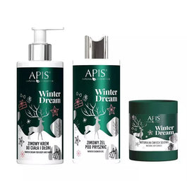 APIS Winter Dream zestaw krem do ciała i dłoni 300ml + żel pod prysznic 300ml + naturalna świeca sojowa 220g