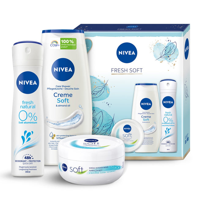 Nivea Fresh Soft zestaw Soft krem intensywnie nawilżający 100ml + Creme Soft żel pod prysznic 250ml + Fresh Natural dezodorant spray 150ml