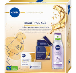 Nivea Beautiful Age zestaw przeciwzmarszczkowy krem rewitalizujący 55+ na dzień 50ml + przeciwzmarszczkowy krem rewitalizujący na noc 55+ 50ml + płyn micelarny do cery wrażliwej i nadwrażliwej 200ml
