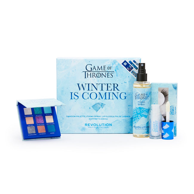 Makeup Revolution X Game Of Thrones Winter Is Coming Set zestaw Eyeshadow Palette paleta cieni do powiek + Fixing Spray utrwalacz makijażu + Shimmer Bomb błyszczyk do ust + Flutter False Eyelashes sztuczne rzęsy