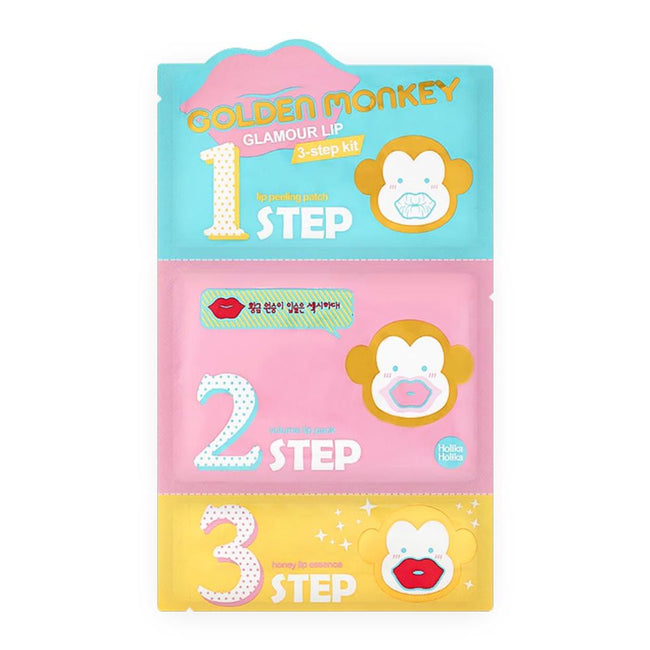 HOLIKA HOLIKA Golden Monkey Glamour Lip 3-Step Kit trójstopniowy produkt regenerująco-nawilżający do ust 5.5g