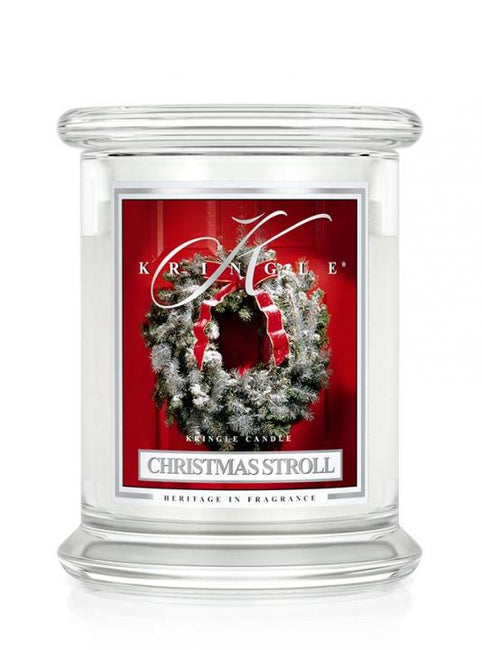 Kringle Candle Średnia świeca zapachowa z dwoma knotami Christmas Stroll 411g