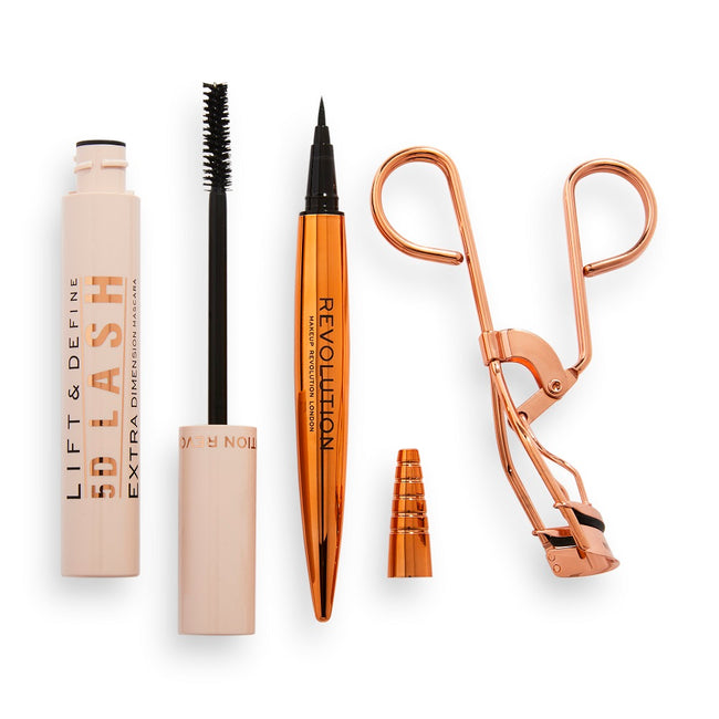 Makeup Revolution The 5D Lash Eye Set zestaw Lift & Define 5D Lash Mascara tusz do rzęs + Renaissance Flick eyeliner w pisaku + Rose Gold Eyelash Curlers zalotka do rzęs