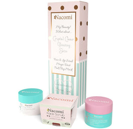 Nacomi Domowe Spa zestaw maska oczyszczająco-ściągająca Różowa 50g + odświeżający peeling do twarzy i ust Arbuz 50g + pyłek oczyszczająco-detoksykujący 20g