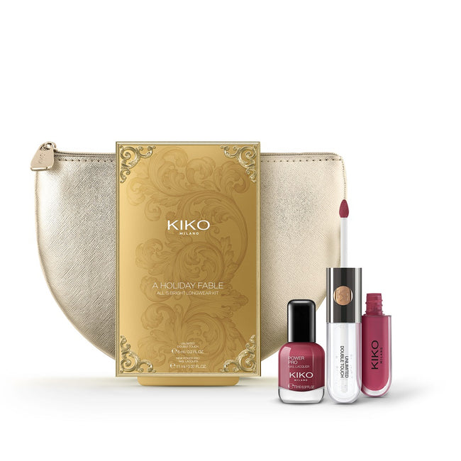 KIKO Milano A Holiday Fable All Is Bright Longwear Kit 02 Elegant Allure zestaw dwuetapowa płynna pomadka do ust 6ml + lakier do paznokci 11ml + kosmetyczka