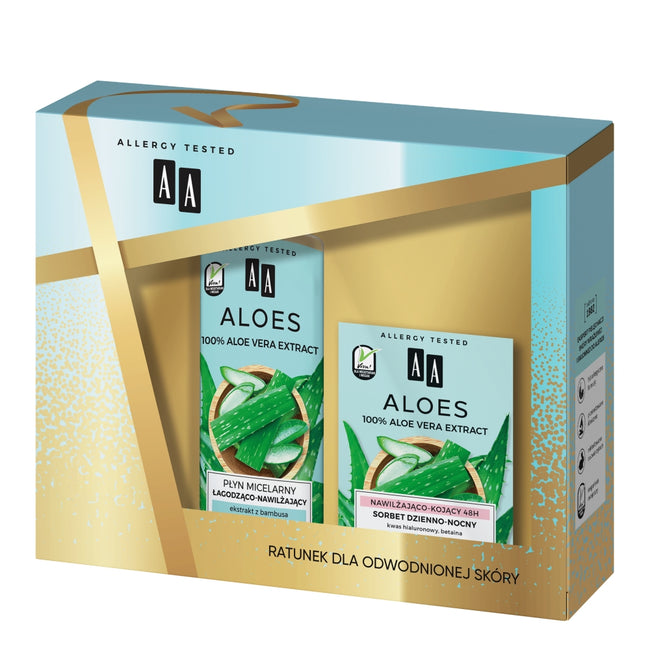 AA Aloes 100% Aloe Vera Extract zestaw sorbet dzienno-nocny 48h nawilżająco-kojący 50ml + płyn micelarny łagodząco-nawilżający 400ml
