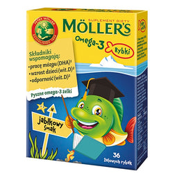 Möller's Omega-3 Rybki żelki z kwasami omega-3 i witaminą D3 dla dzieci Jabłkowe 36szt.