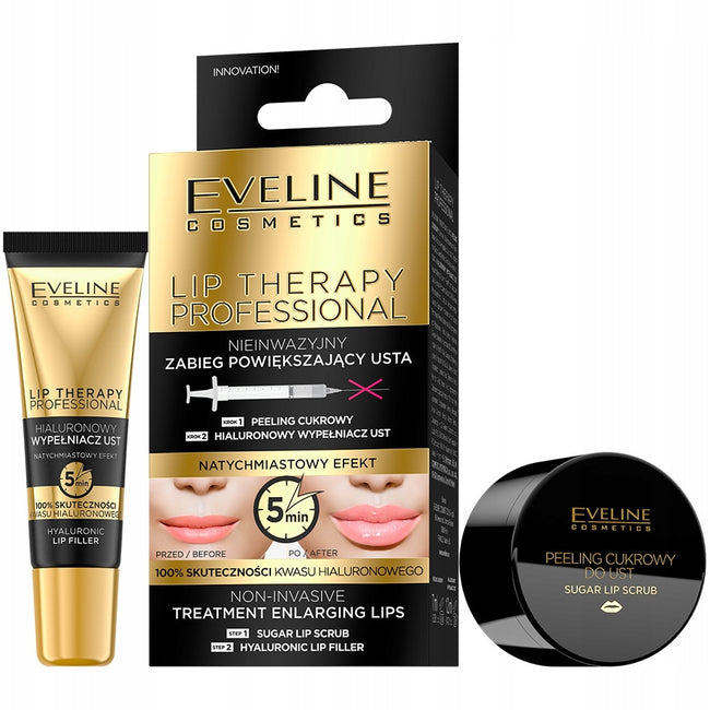 Eveline Cosmetics Lip Therapy Professional nieinwazyjny zabieg powiększający usta peeling cukrowy do ust 7ml + hialuronowy wypełniacz ust 12ml